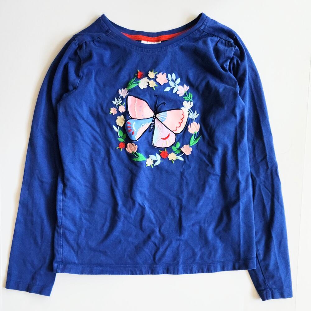 Hanna Andersson Girls Blue Butterfly Appliqué Long Sleeve Tee – Size 12 | 150 cm
